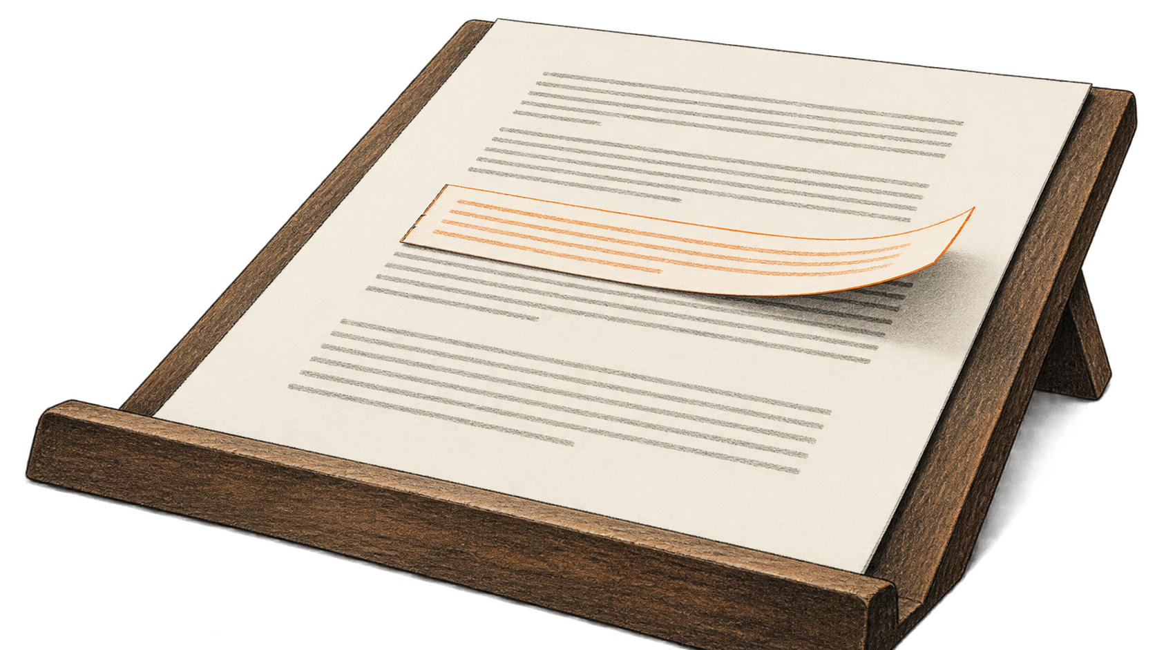 Conceptual charcoal drawing of a document in a wooden reading cradle, with an orange-edged replacement strip lifted over one passage.
