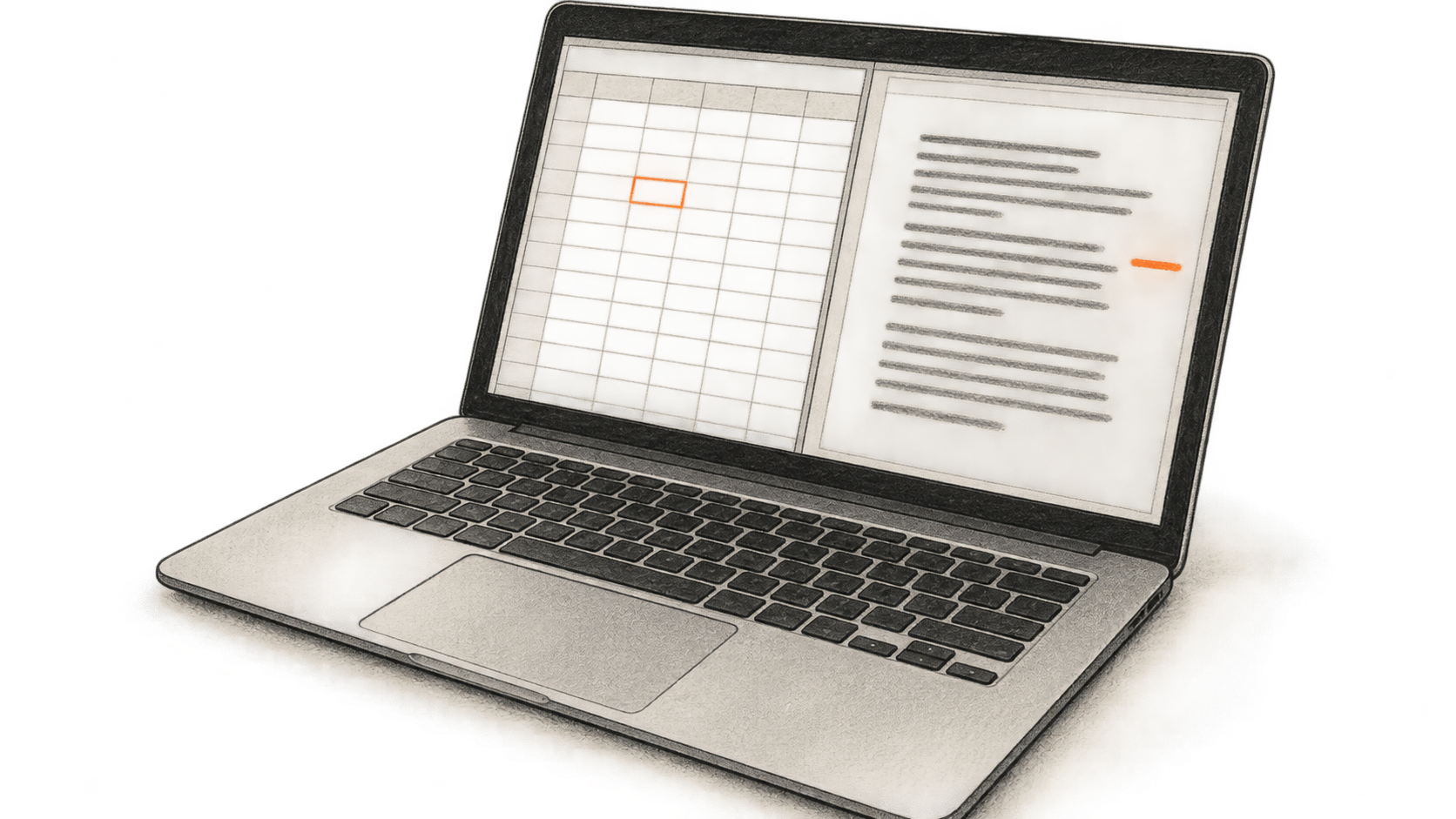 Conceptual charcoal illustration of an open laptop showing a blank spreadsheet grid beside a memo made of text strokes, with small orange marks.