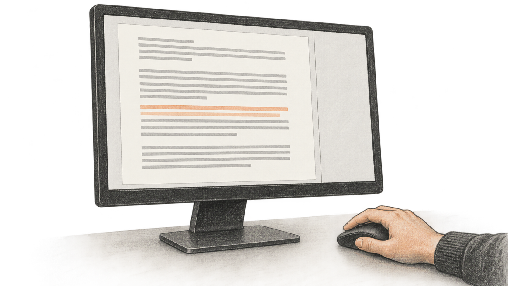 A generic desktop monitor displays abstract document lines beside a blank pane while one connected hand rests on a mouse.