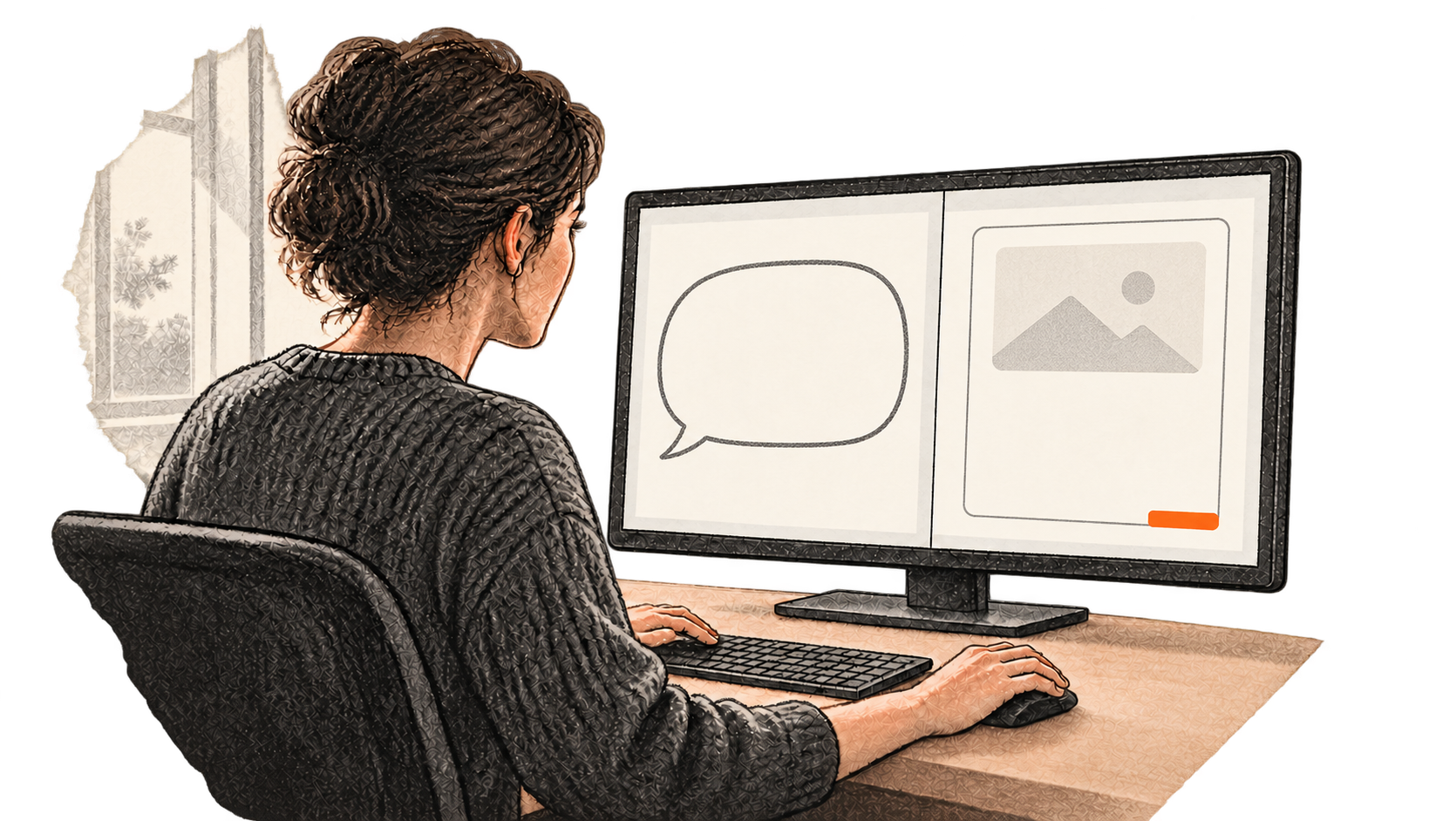 A content professional compares an empty answer shape with a blank company-information page on a desktop monitor.