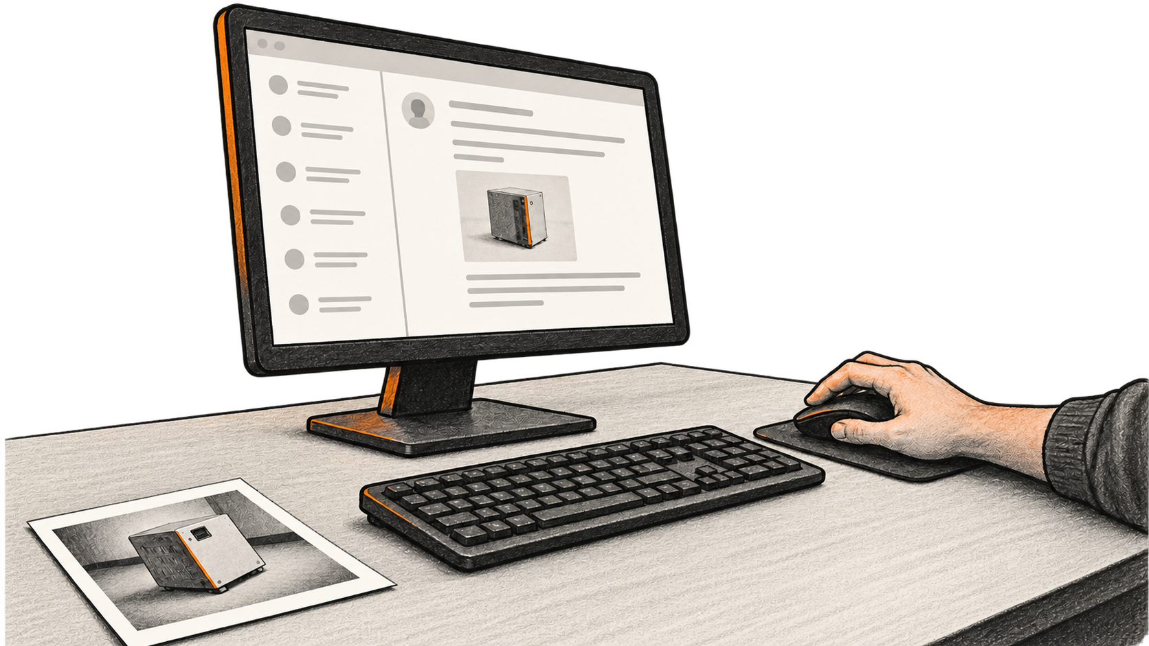 A hand rests on a mouse beside a monitor showing an unlabeled ticket and attachment list, with a printed equipment image in the foreground.