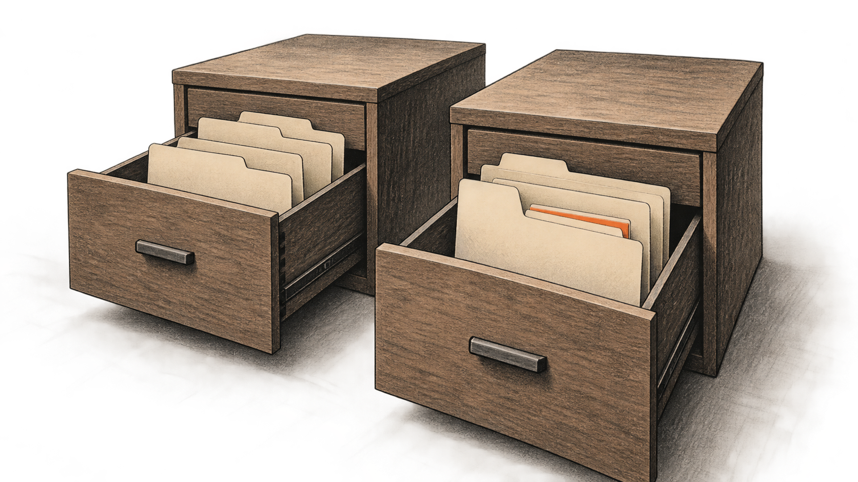 Conceptual charcoal illustration of two open filing drawers with separate blank folders; a smaller orange-edged folder is nested in the right drawer.