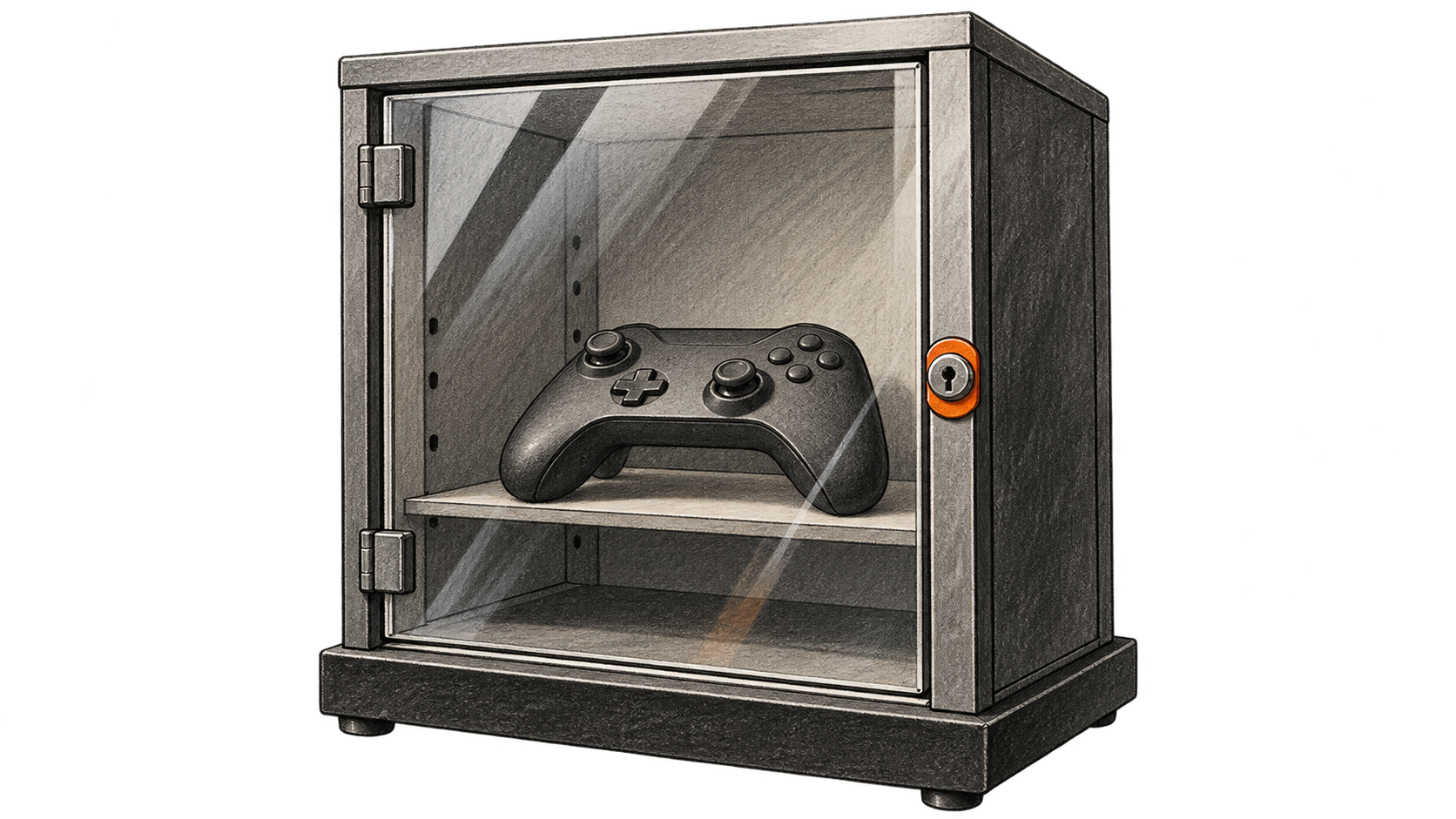 Conceptual charcoal illustration of an unbranded game controller on a shelf behind a locked glass cabinet door.