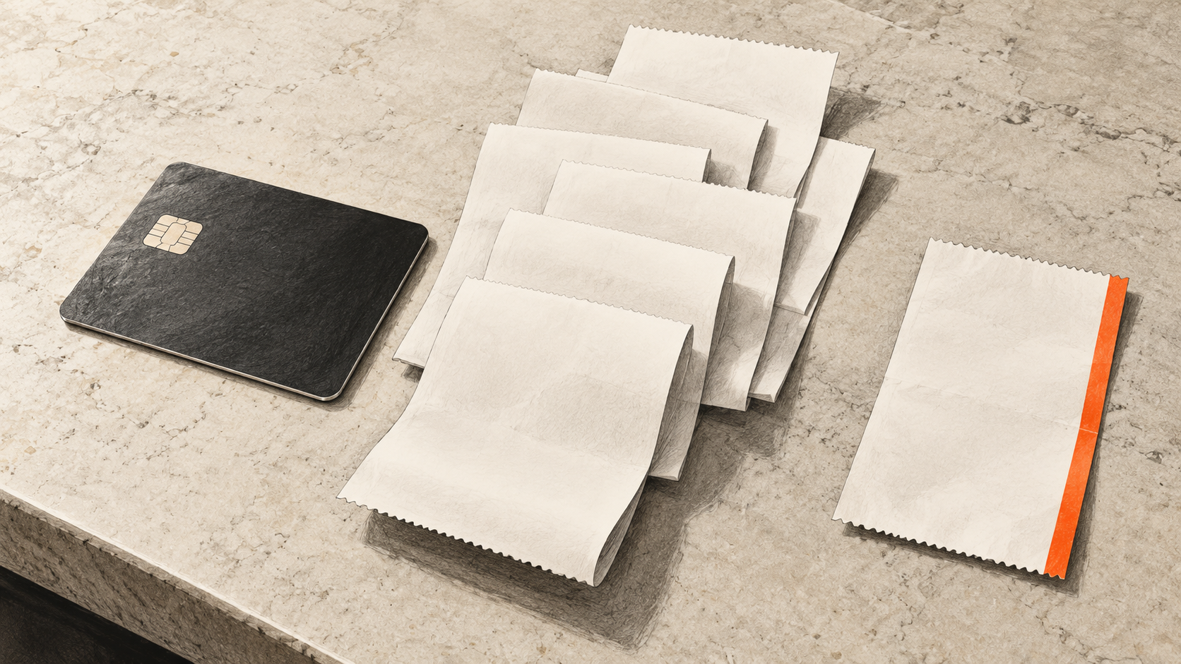 Conceptual illustration of an unbranded payment card beside blank receipts and a separate orange-edged receipt.