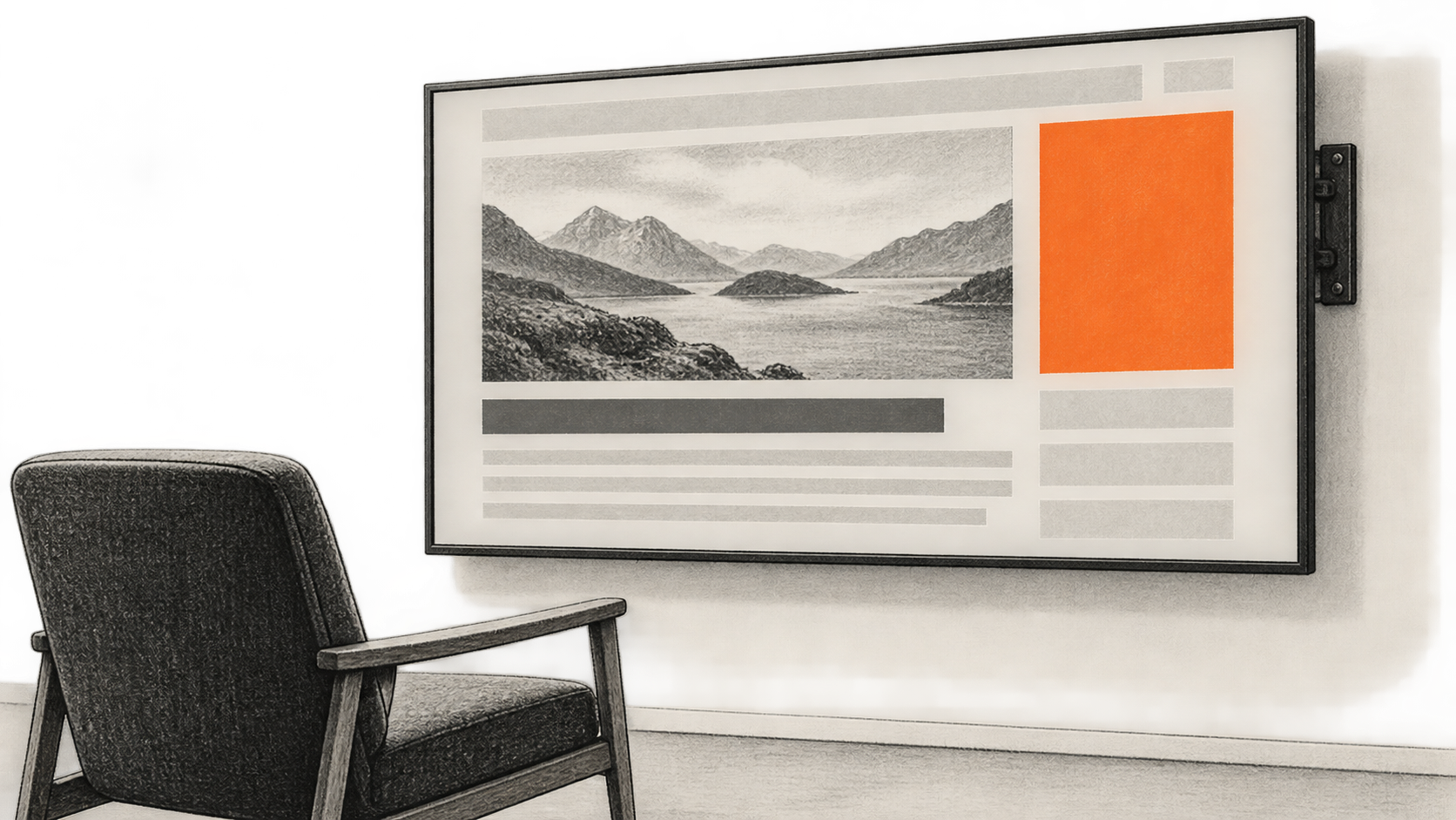 Conceptual charcoal illustration of an empty chair facing a wall-mounted display of a generic webpage with a prominent orange advertising area.
