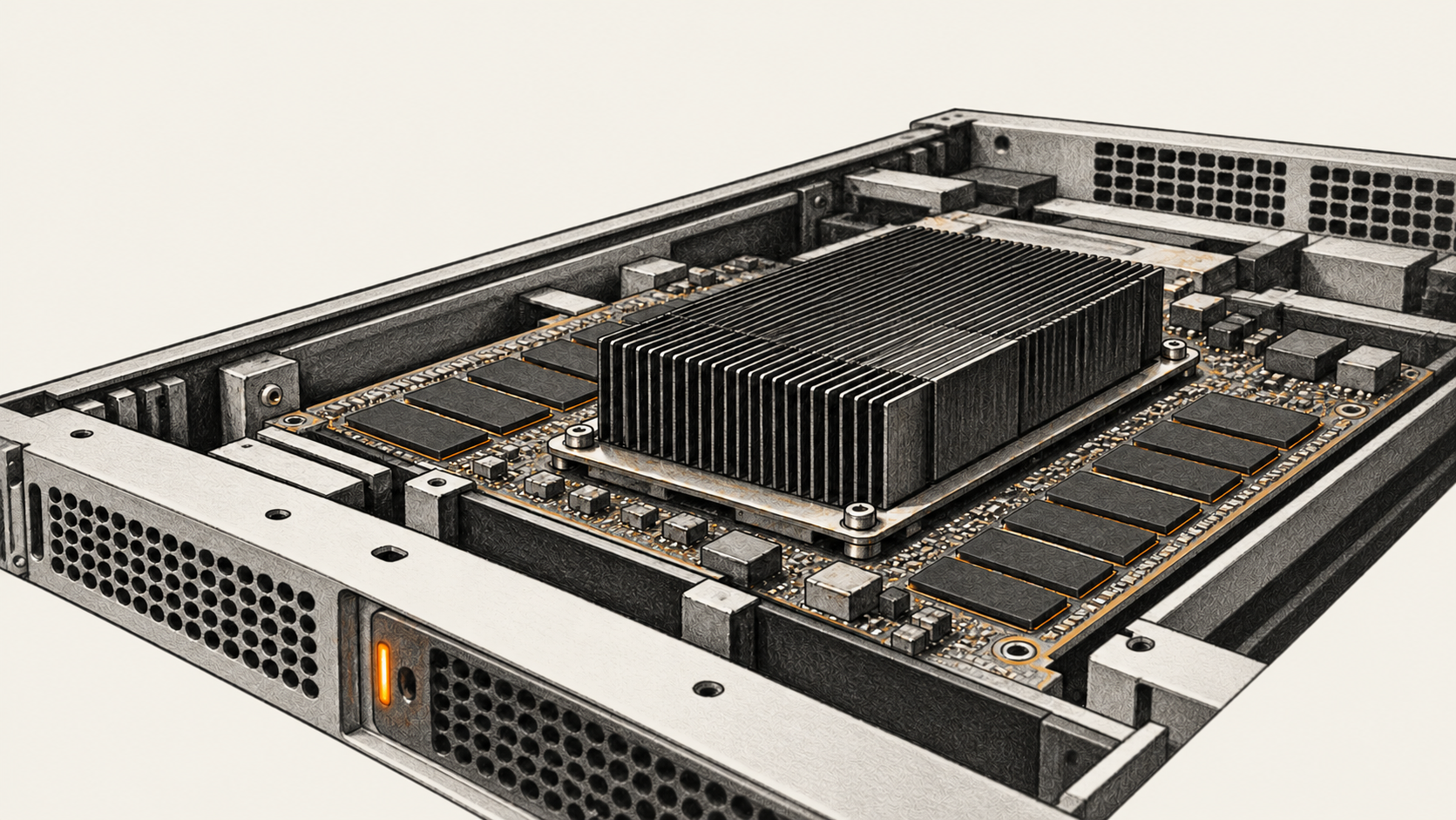 An open generic server chassis shows a compute board, heat sink and rows of small memory packages.