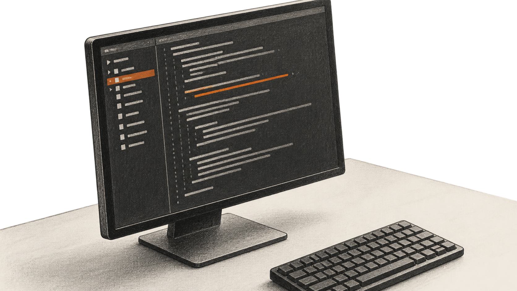 Conceptual charcoal illustration of an unbranded desktop monitor showing a limited file list and one orange source-line emphasis, beside a keyboard.