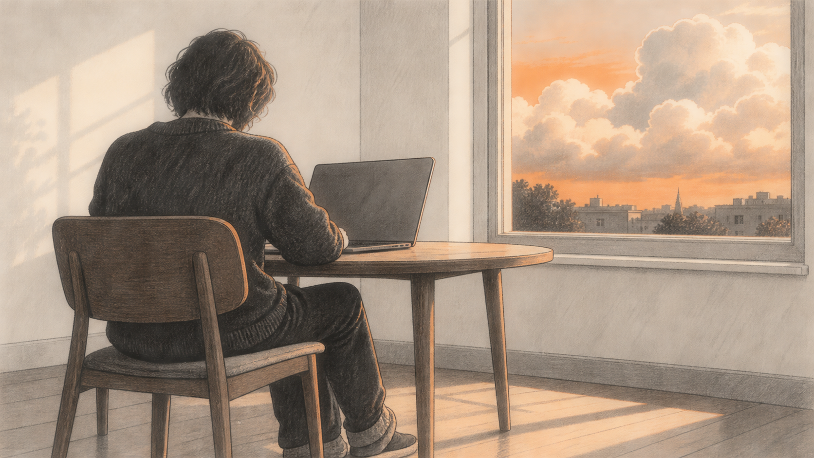A person seated at a desk using an unbranded laptop beside a window at sunset
