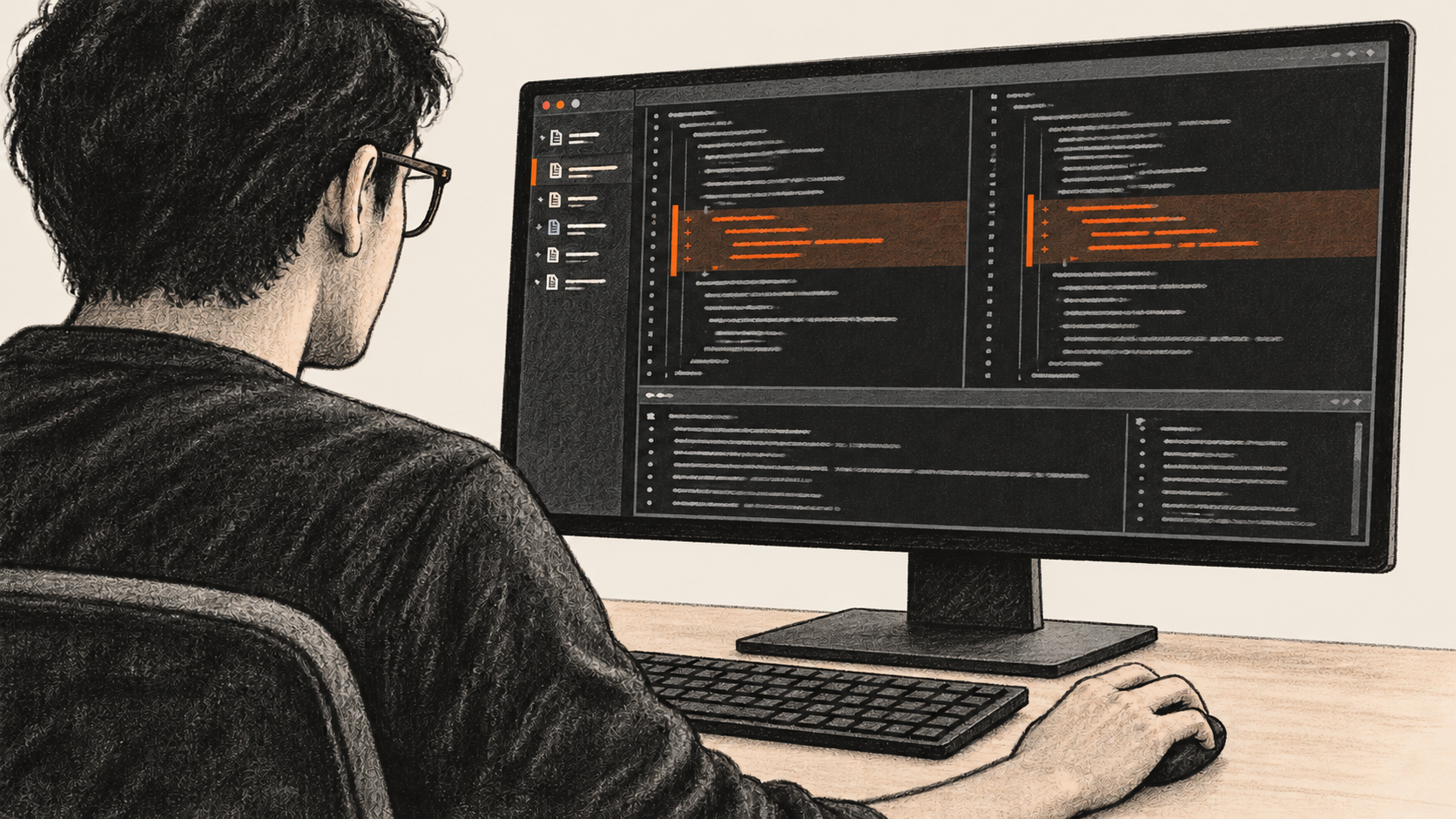 Conceptual charcoal illustration of one developer inspecting several anonymous code sections and a neutral output pane on a desktop monitor.