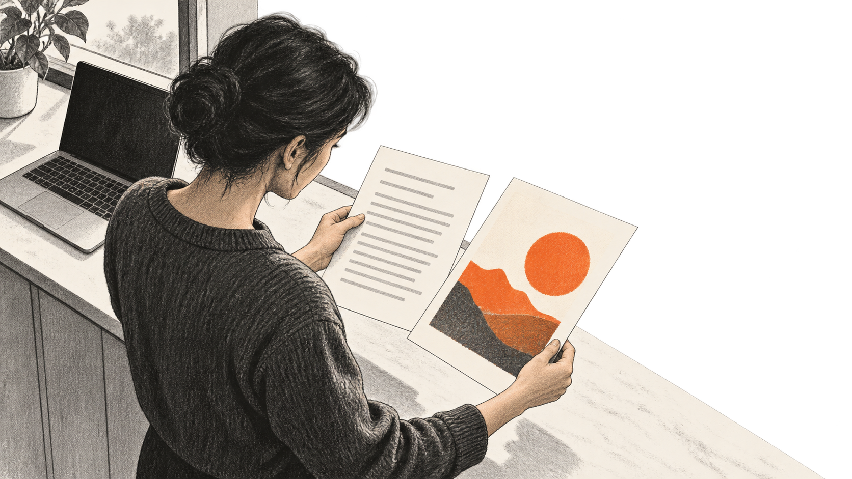 Conceptual charcoal illustration of one person comparing an unmarked source sheet with a generic orange image proof beside a dark, unbranded laptop.