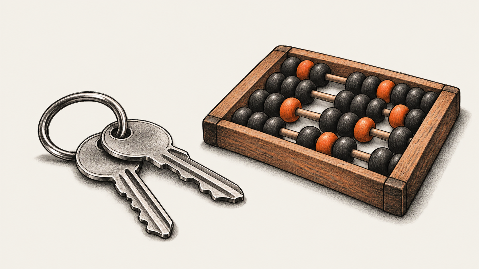 AI-generated conceptual charcoal illustration of two metal keys on a ring beside a wooden abacus with dark and orange beads.