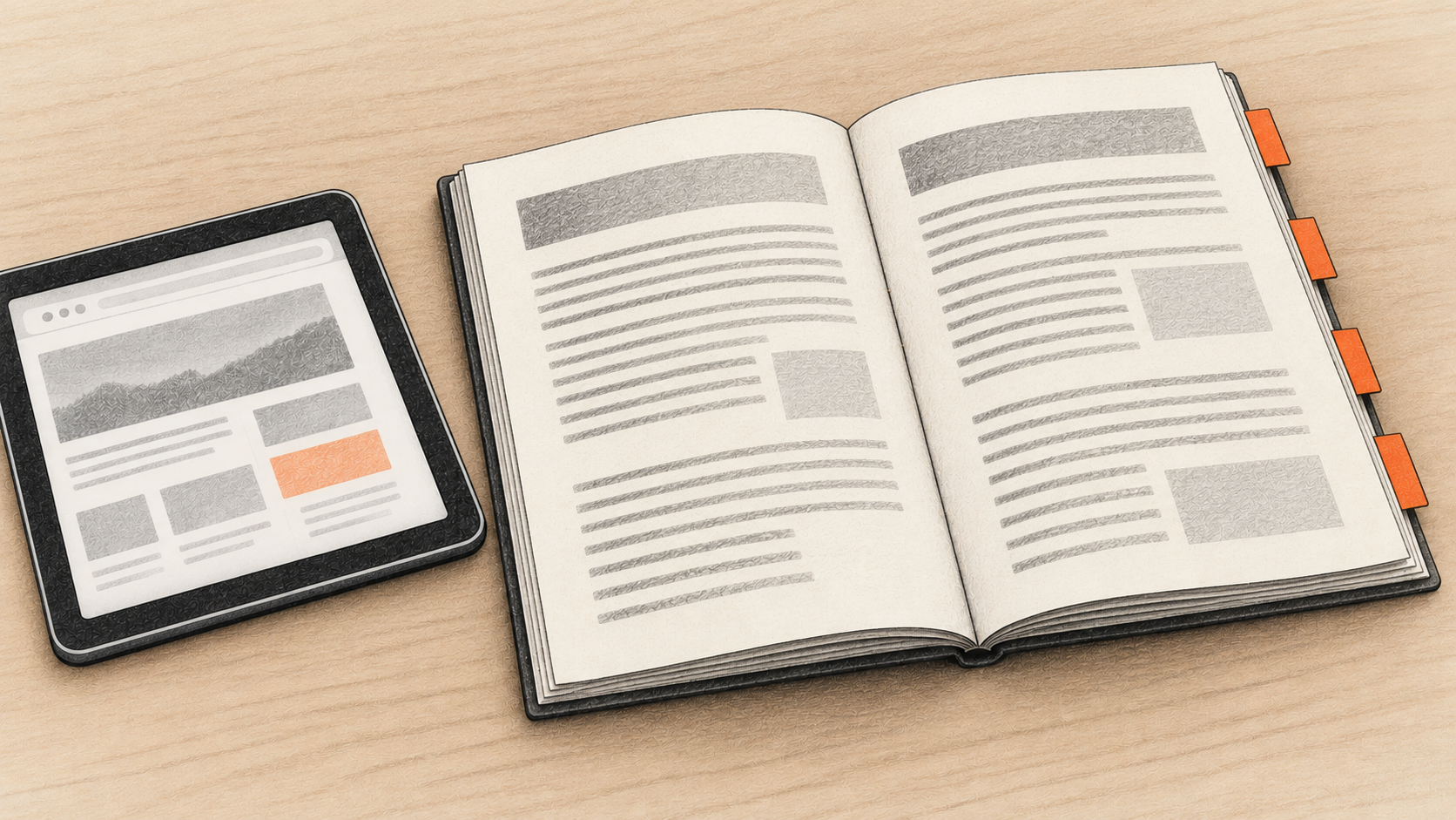 Conceptual charcoal illustration of an open four-tab company profile beside an unbranded tablet showing an anonymous web page.
