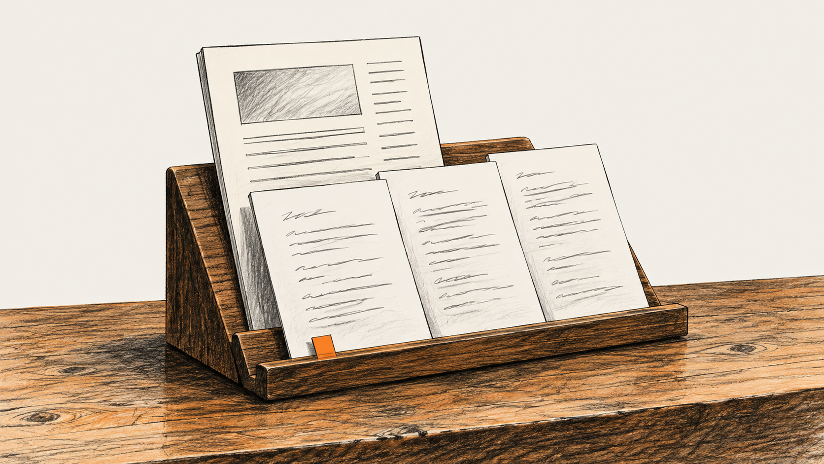 Conceptual charcoal illustration of one source page behind three separate unsent draft sheets on a supported reading stand.