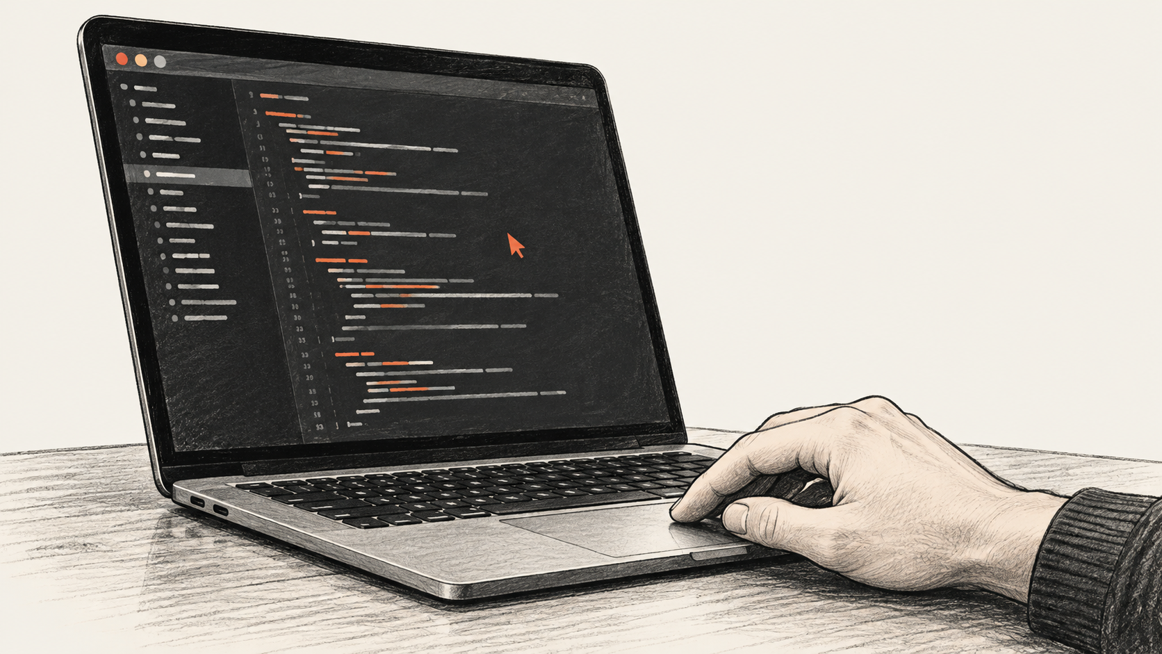 Conceptual illustration of a hand using the trackpad of a laptop displaying generic code-like marks.