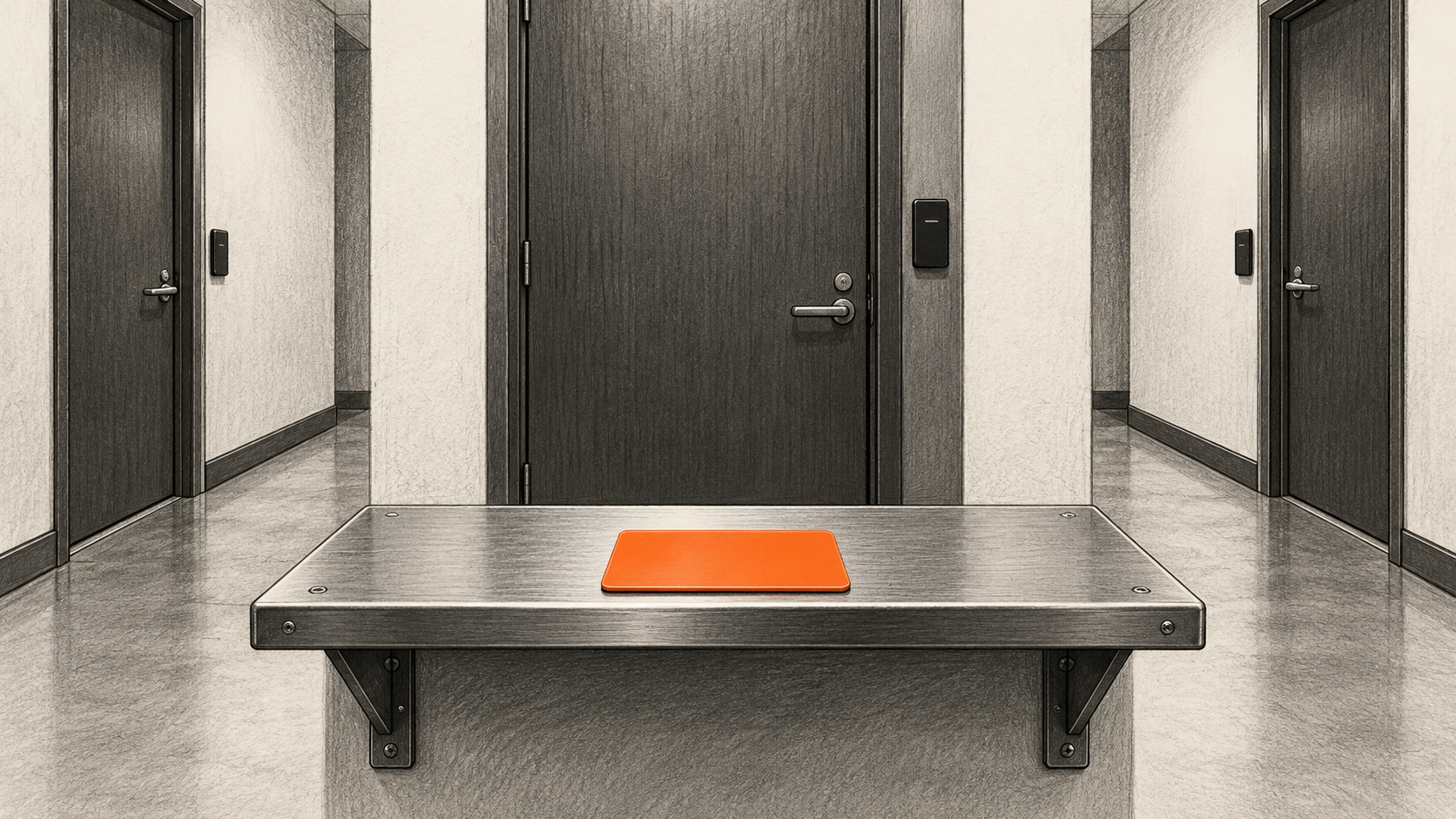 Conceptual charcoal illustration of an orange access card on a supported metal shelf before three closed office-suite doors with badge readers.