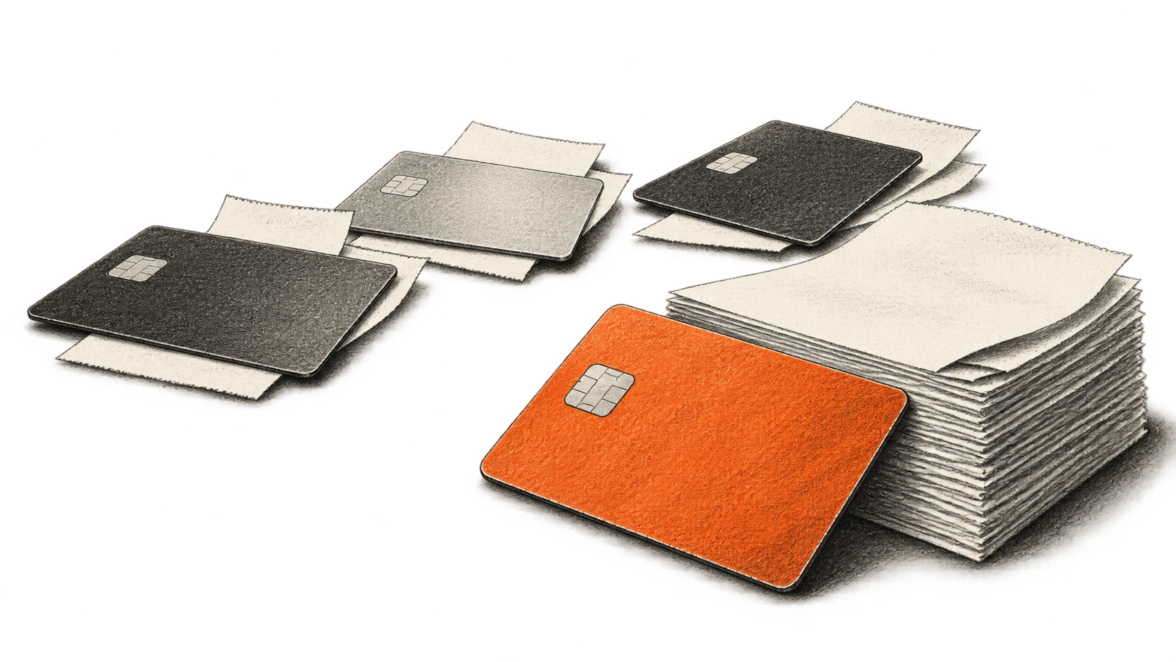 Conceptual charcoal illustration of four unbranded payment cards with blank transaction slips; one orange card rests beside a much thicker stack.