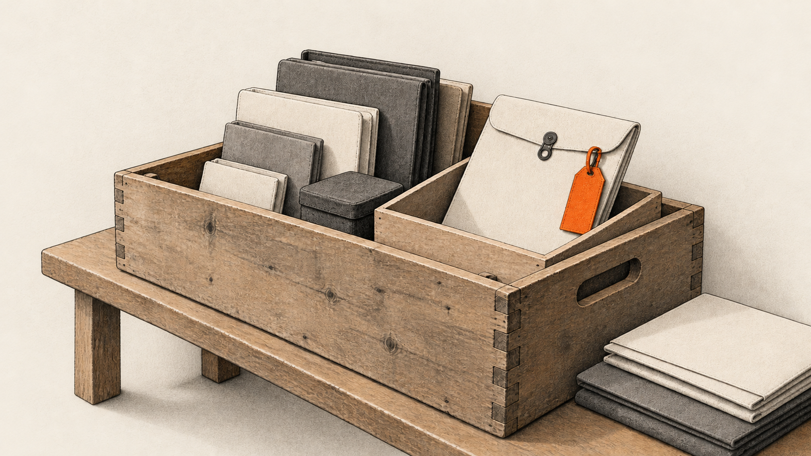 Conceptual charcoal illustration of a wooden archive crate retaining several blank sleeves, with one sleeve marked by an orange inventory tag.