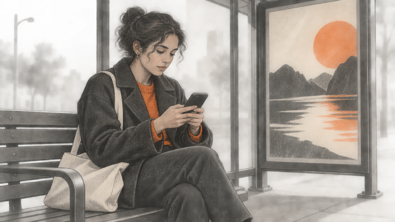 Conceptual charcoal illustration of a person holding a phone at a bus shelter, with a glass-covered abstract advertisement behind them.