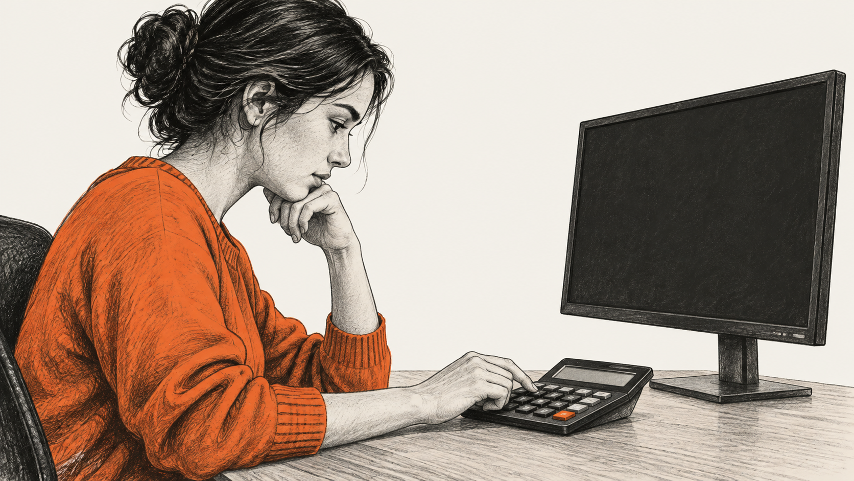 Conceptual illustration of a person using a calculator beside a blank desktop monitor.