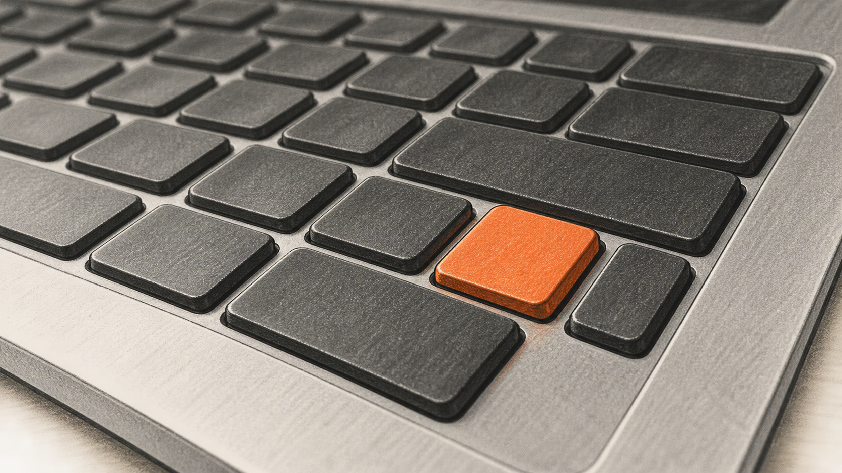 Conceptual charcoal illustration of a close-up laptop keyboard with one unmarked orange key in its right-hand cluster.