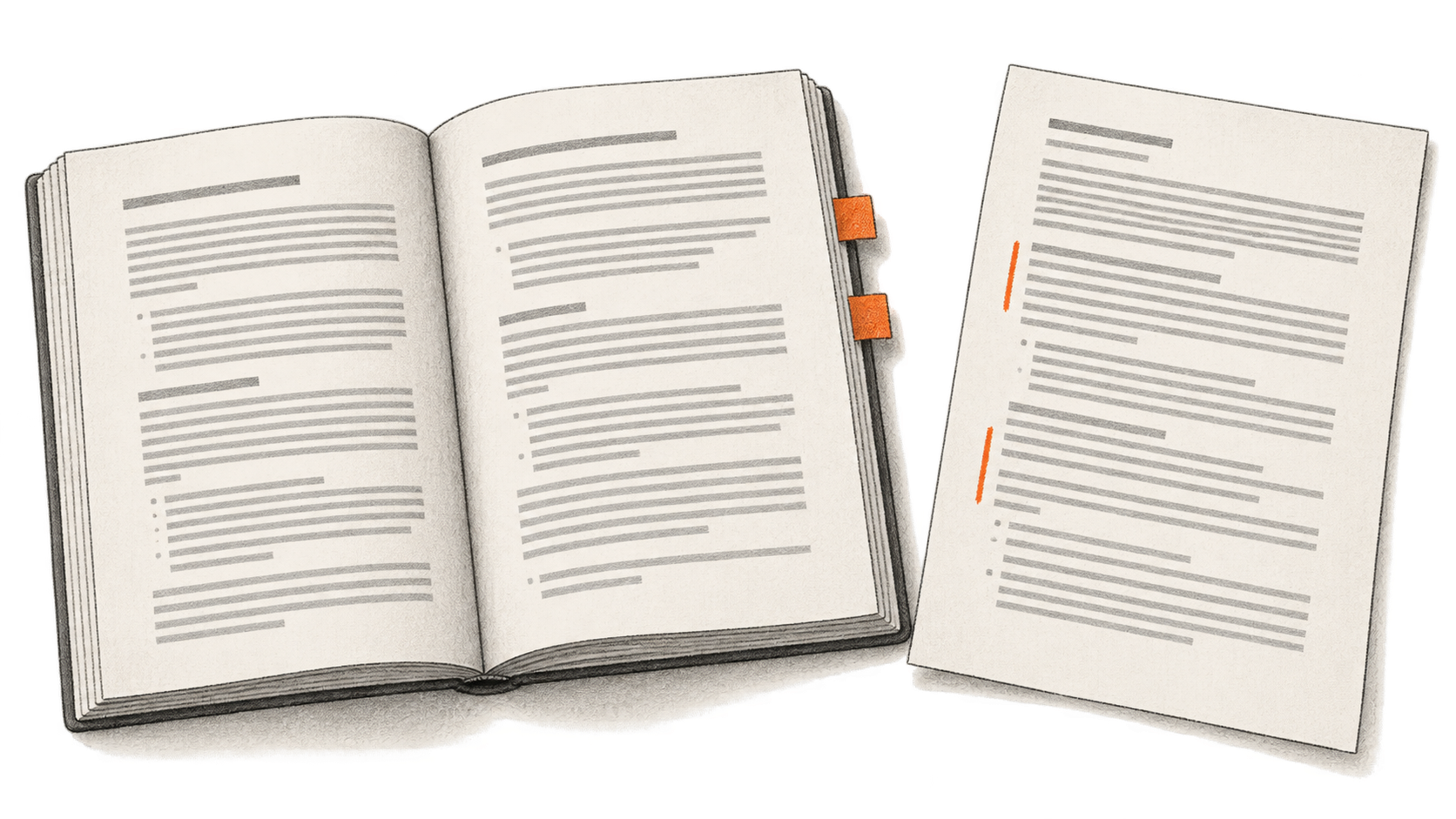 Conceptual charcoal illustration of an open reference playbook beside a separate contract sheet with orange margin edit marks.