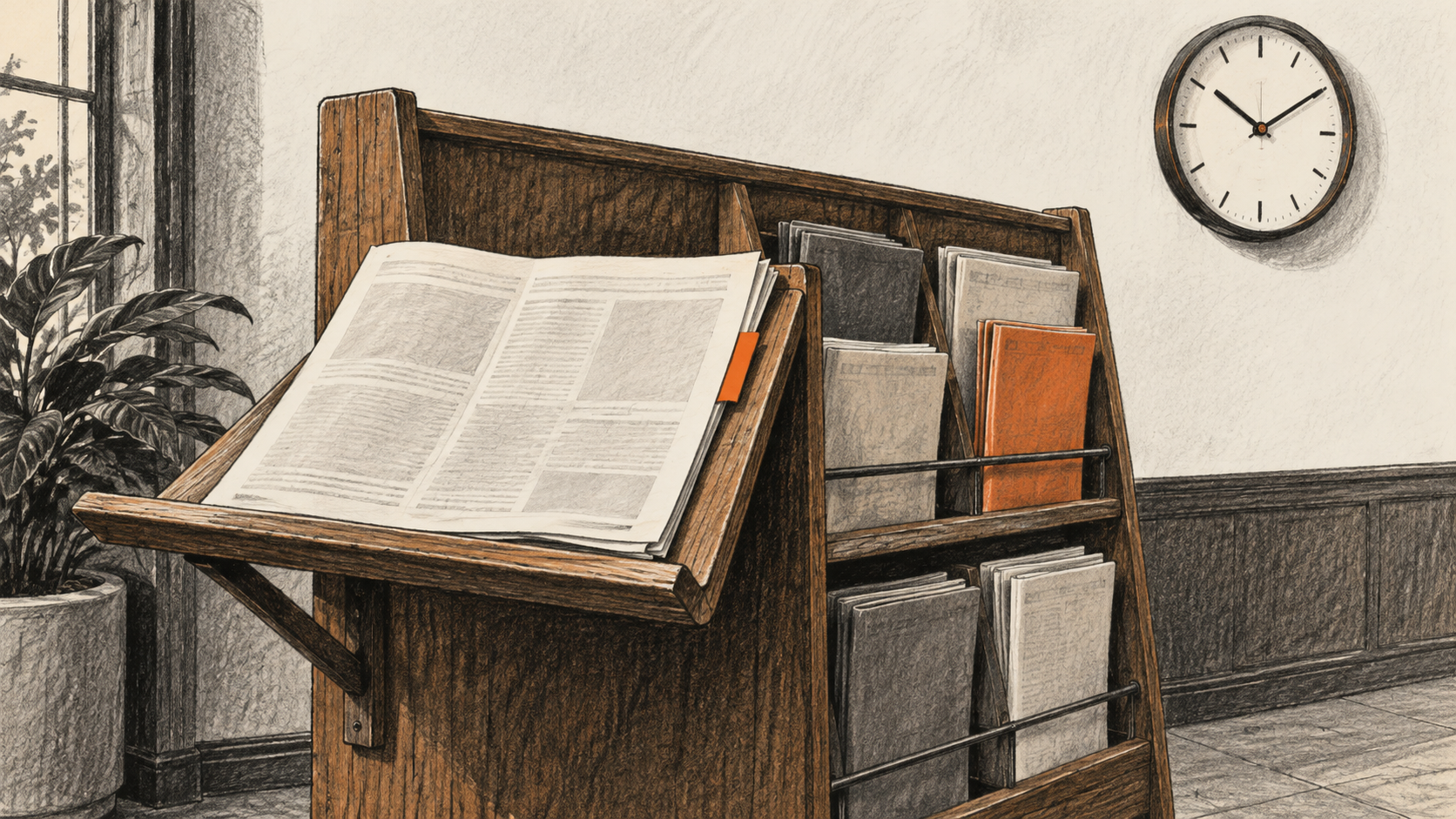 Conceptual charcoal illustration of an unmarked periodical opened on a supported reading ledge beside a rack of other publications, with an analog clock on the wall.