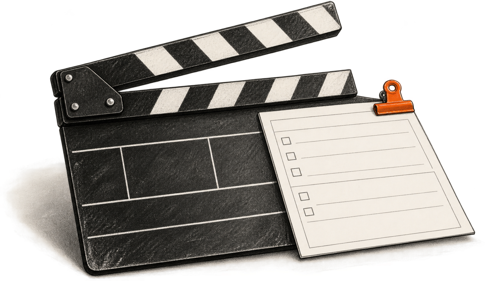Conceptual charcoal illustration of an open film clapperboard beside a blank production checklist held by an orange clip.