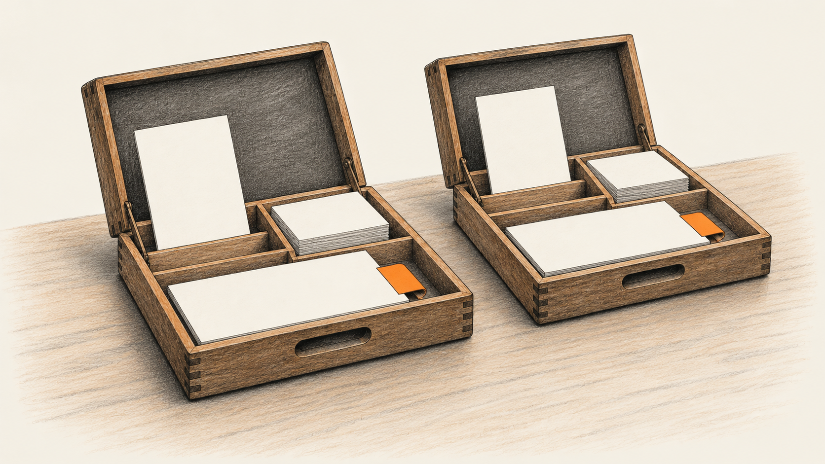 Conceptual charcoal illustration of two separate open wooden task cases, each holding an upright blank instruction card, a stack of reference sheets, and a flat blank output sheet with an orange tab.