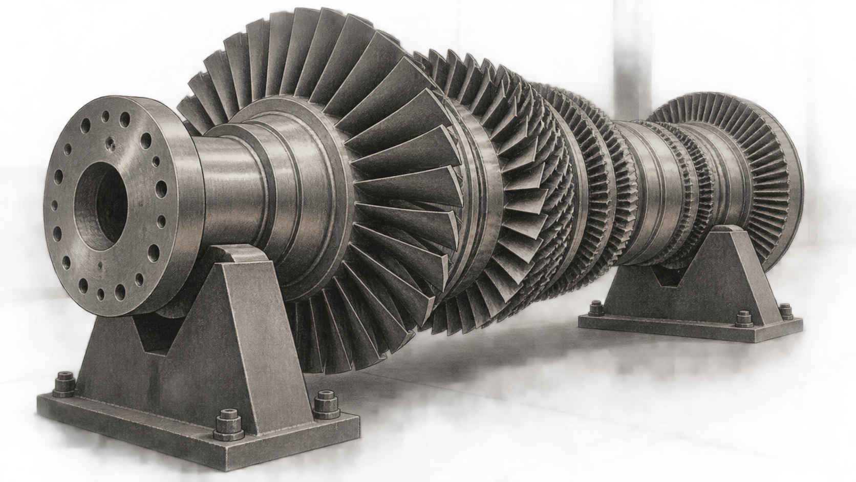 Conceptual charcoal illustration of a generic industrial gas turbine rotor resting on two steel maintenance cradles.