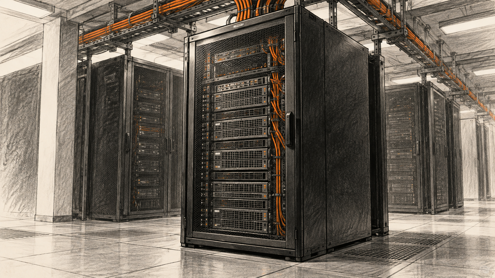 Conceptual illustration of a generic server cabinet in a data-centre aisle, with cables routed along overhead trays.