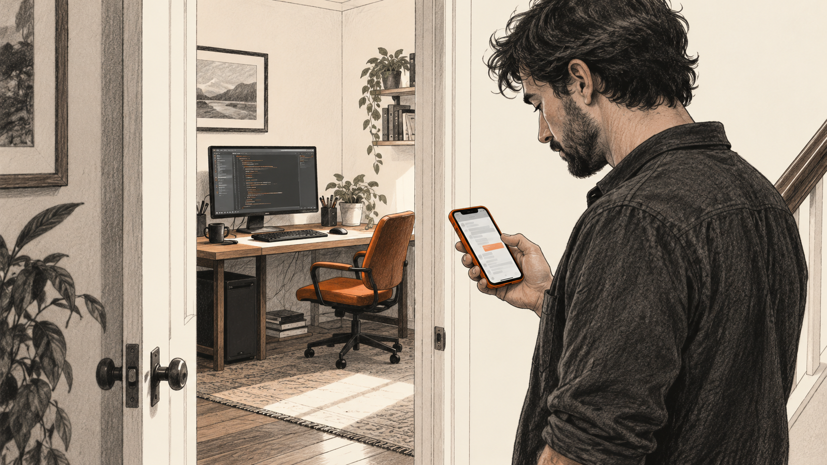 AI-generated conceptual charcoal illustration of one person in a doorway reading an unbranded phone, with an awake desktop computer in the room behind.