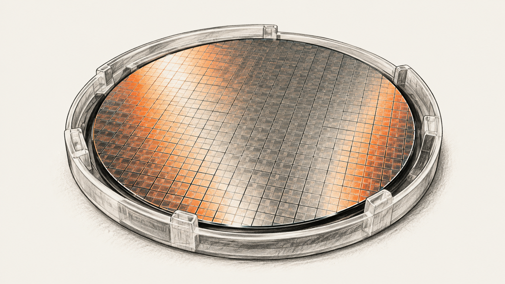 Conceptual charcoal illustration of a semiconductor wafer resting in a circular protective carrier.