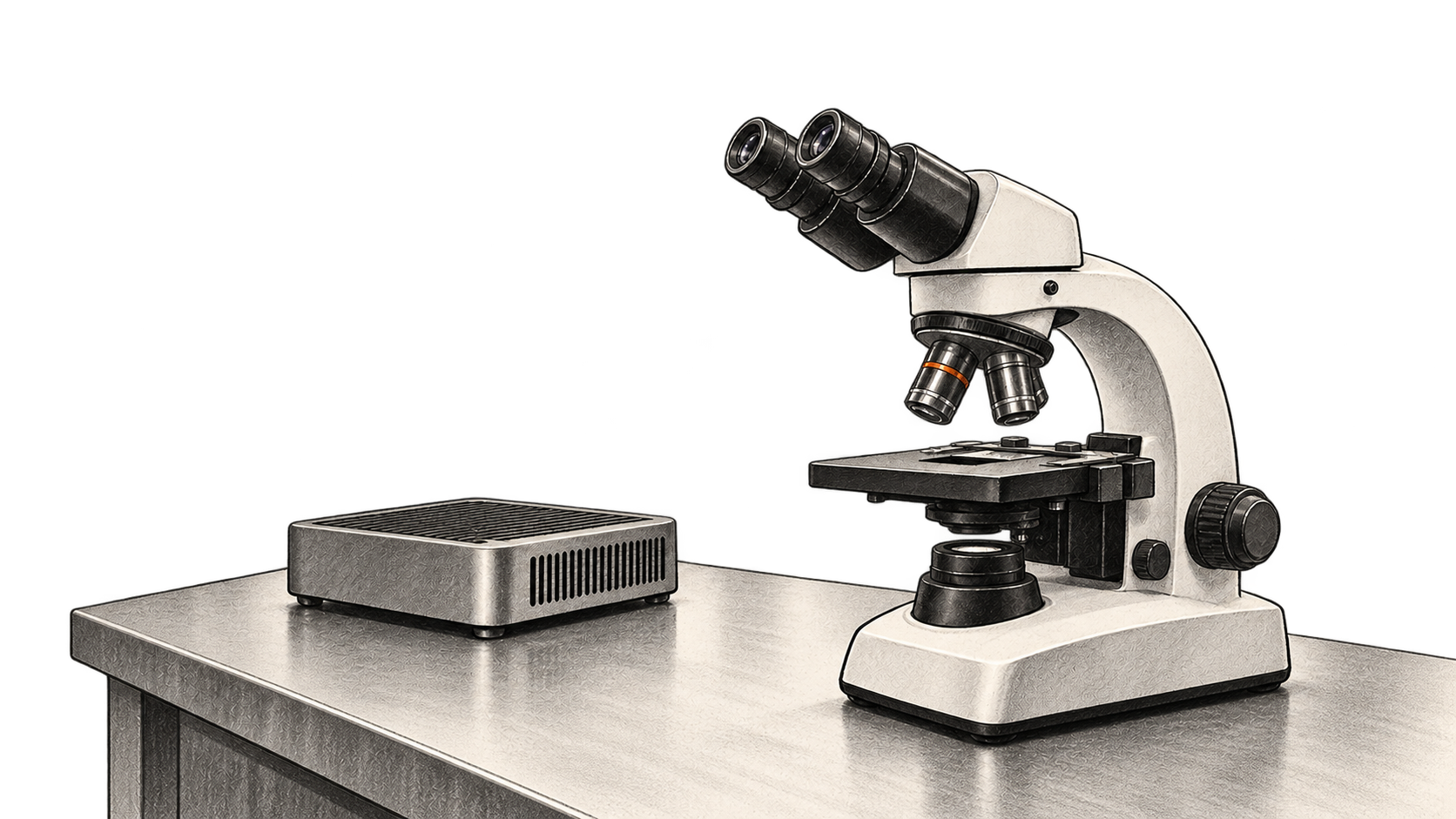 Conceptual charcoal illustration of an unbranded microscope beside a compact computer on a laboratory bench.