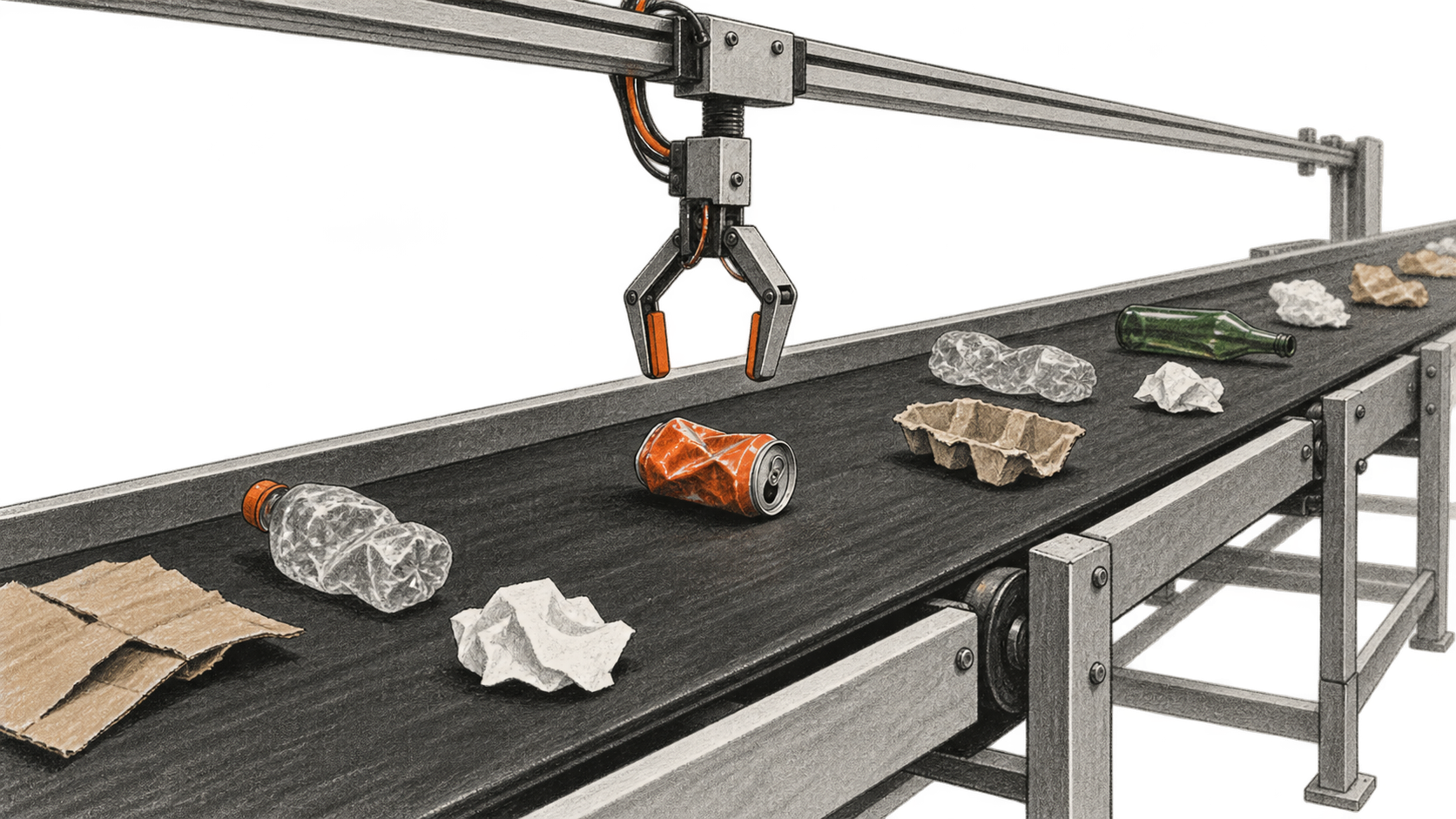 A generic robotic pincer hovers over an unbranded recyclable on a mixed-material conveyor.