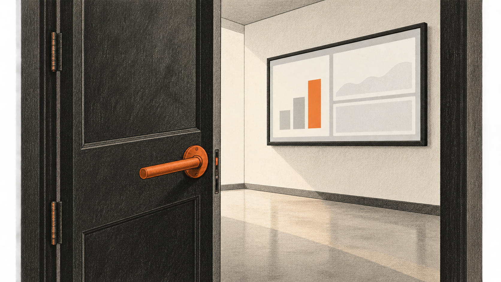 Conceptual charcoal illustration of a partly open door leading to an empty room with an unbranded dashboard display mounted on the far wall.