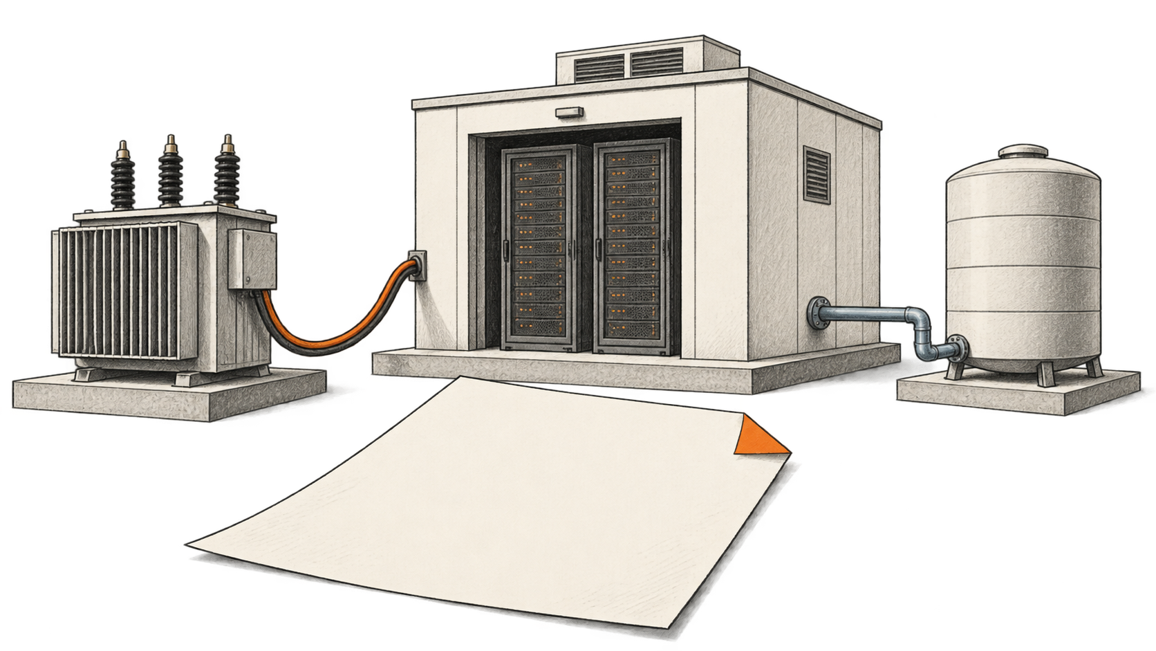 A data-center building connects separately to an electrical transformer and a water tank, with a blank invoice sheet in front.
