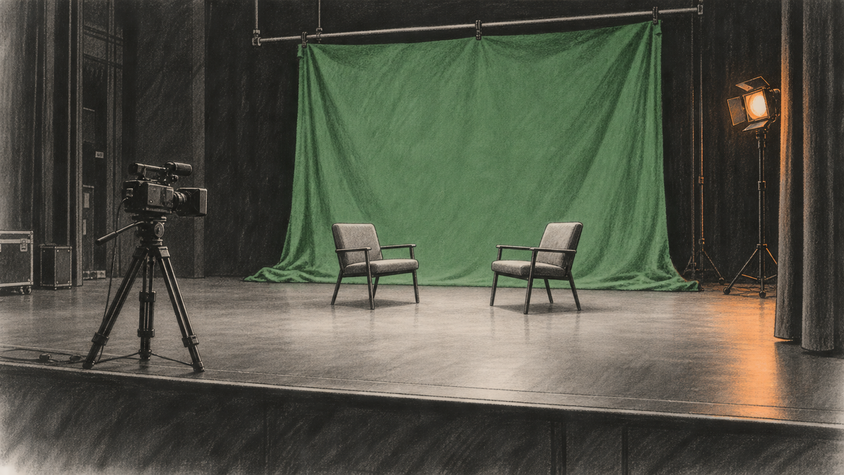 An empty theatre stage has a green screen behind two interview chairs, with a video camera to one side and a work light opposite.
