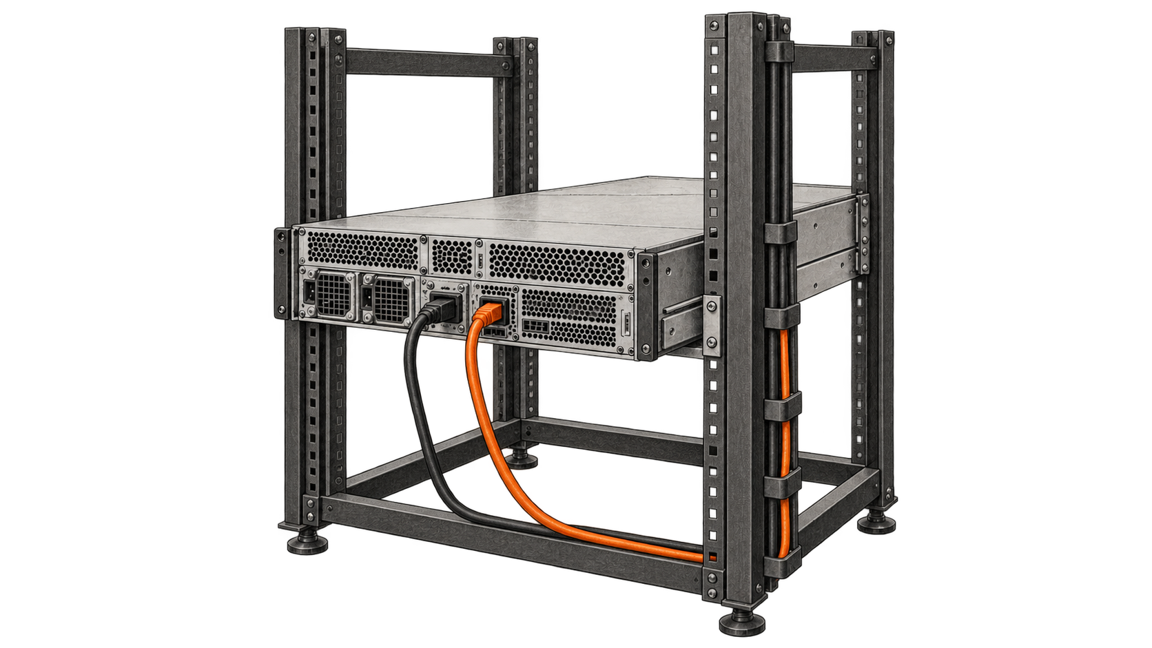 Conceptual charcoal illustration of a generic rackmount computer chassis in an open test rack, seen from behind with two cables routed down the frame.