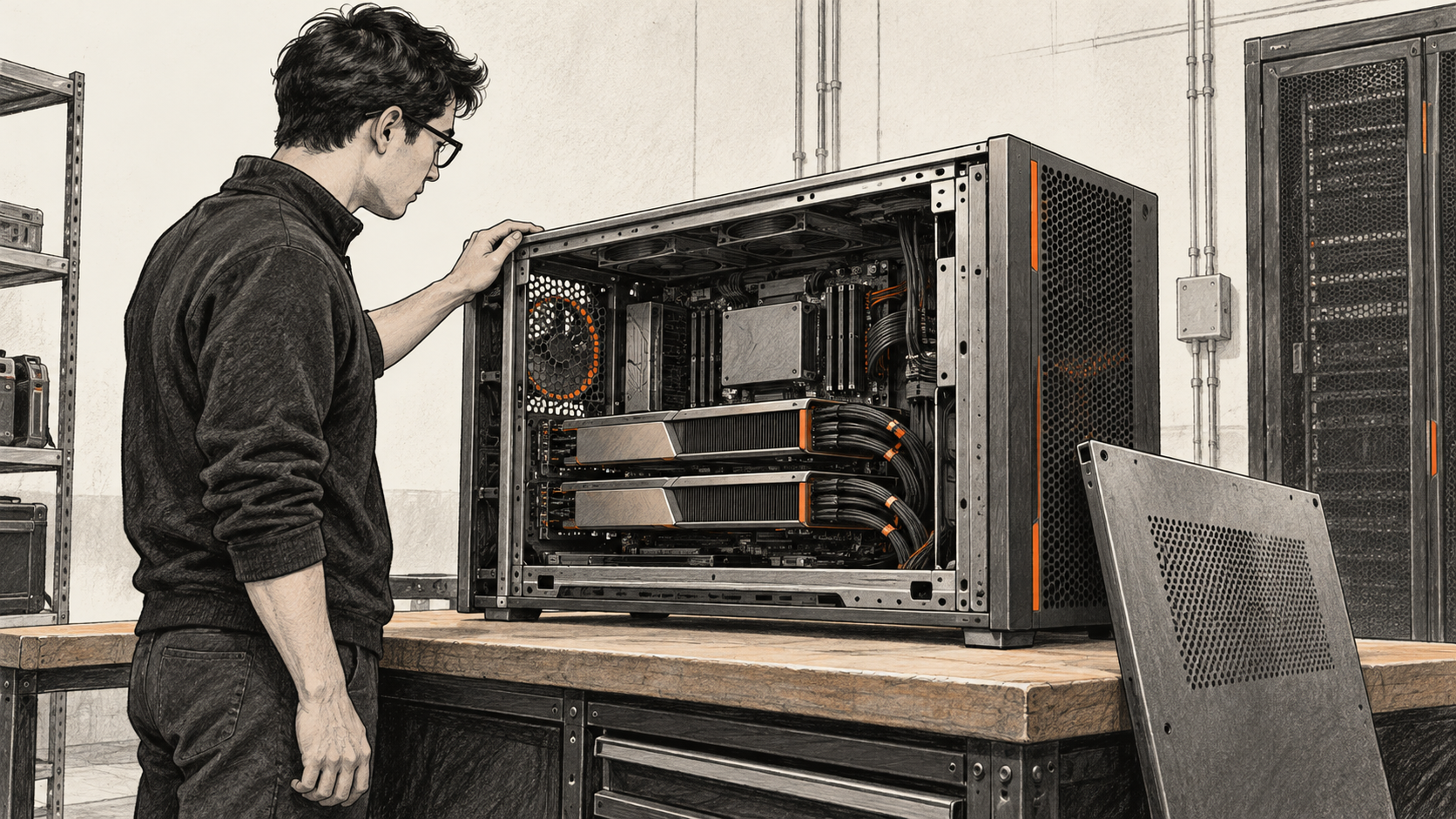 Conceptual charcoal illustration of one engineer inspecting the open side of a generic accelerator workstation on a workbench.