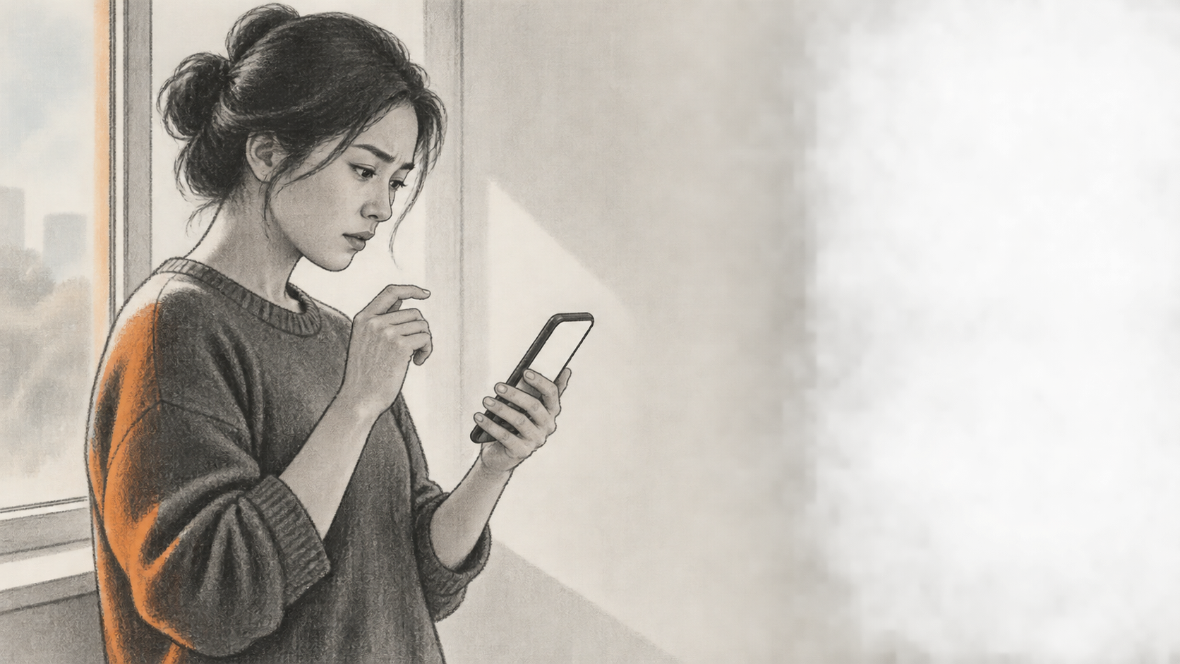 Conceptual charcoal illustration of one person pausing over a blank-screen smartphone beside a window.