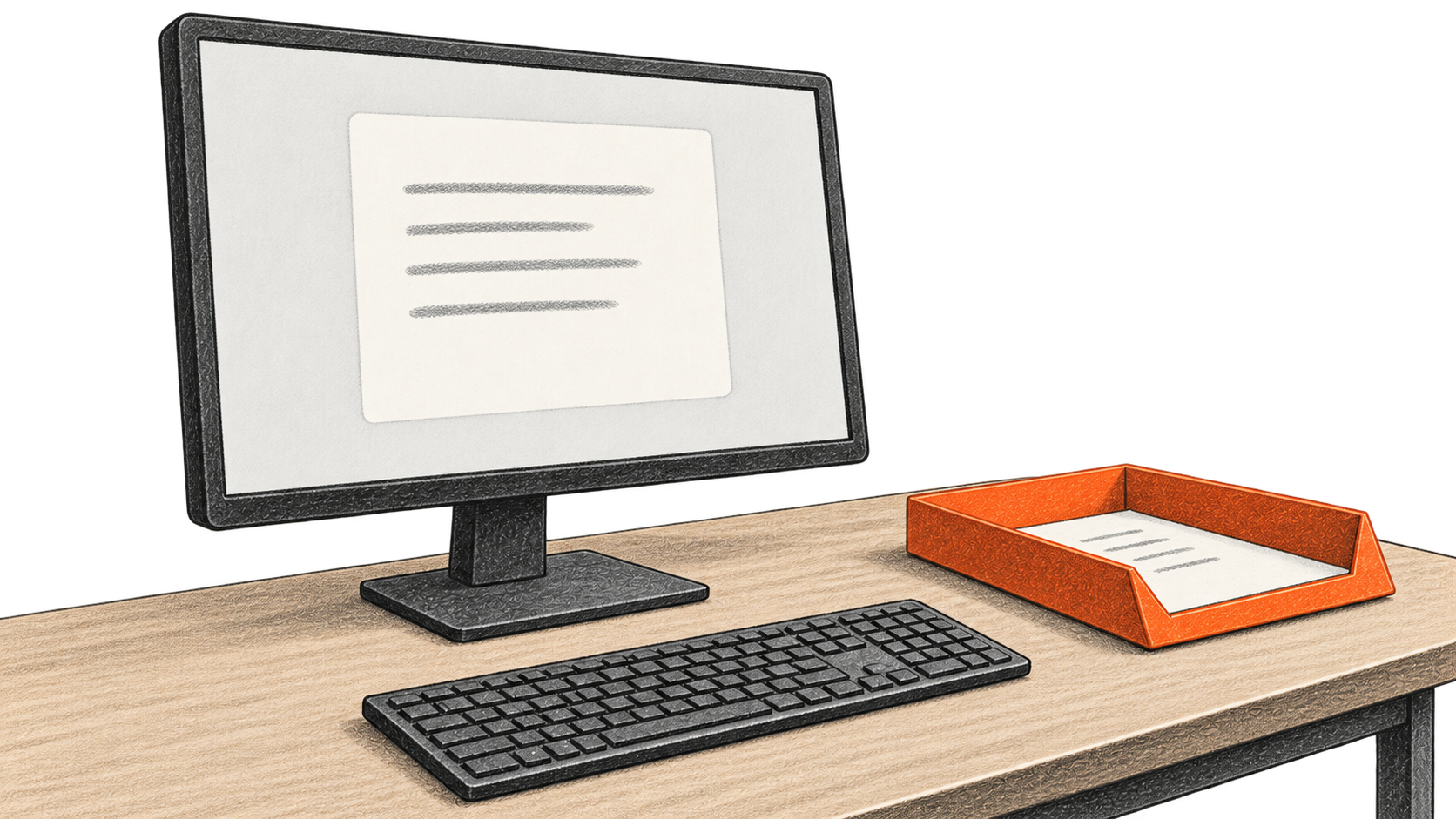 Conceptual charcoal illustration of a desktop monitor displaying one small unlabeled practice document, with a keyboard and a plain sheet in an orange tray on the table.