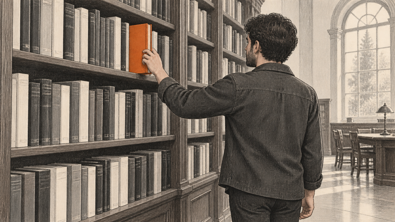 Conceptual charcoal illustration of one person selecting an orange volume from a library shelf of reference books.