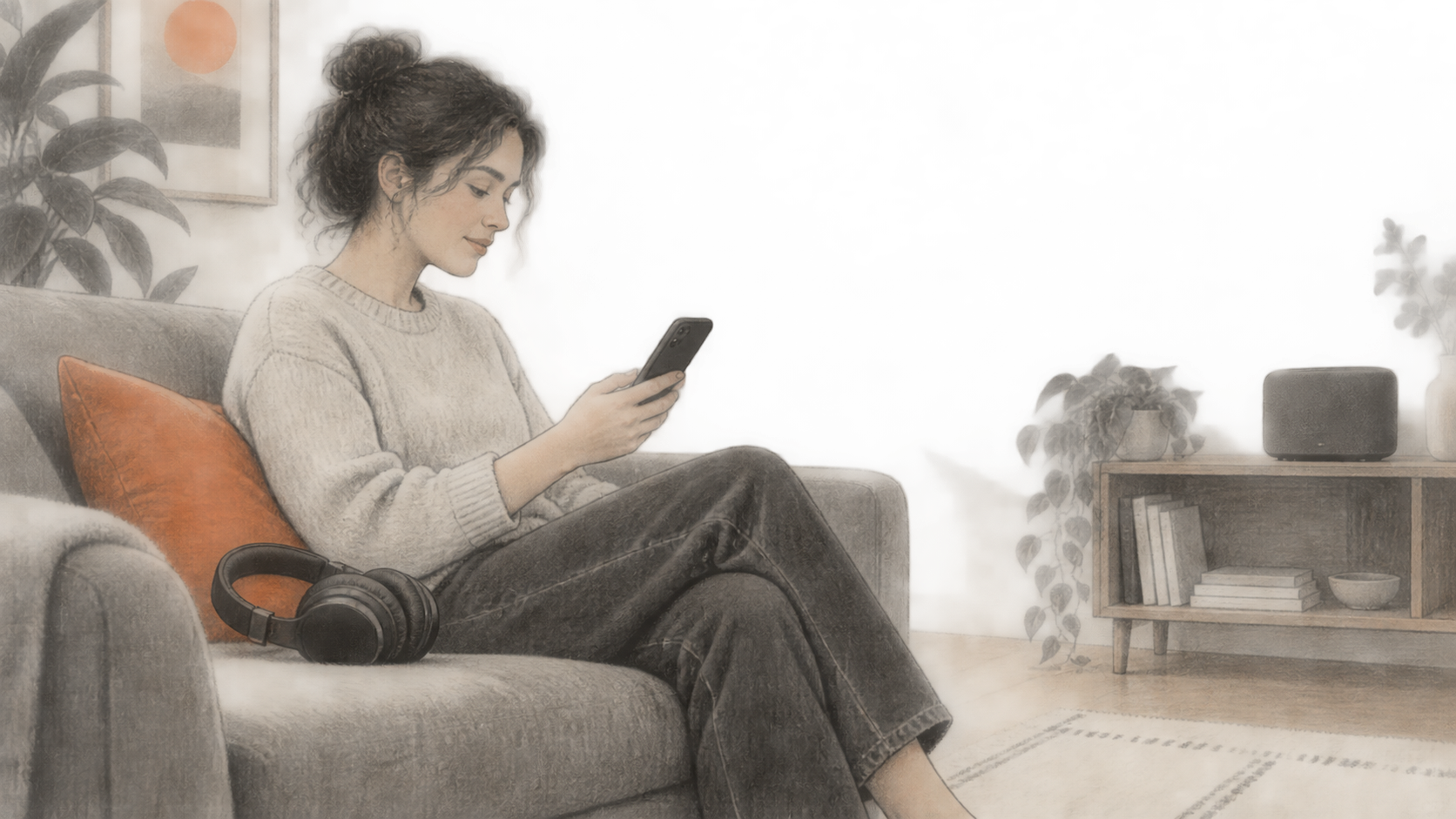 Conceptual charcoal illustration of a listener seated at home with headphones beside them, looking at the back of an unbranded phone; no app interface is visible.