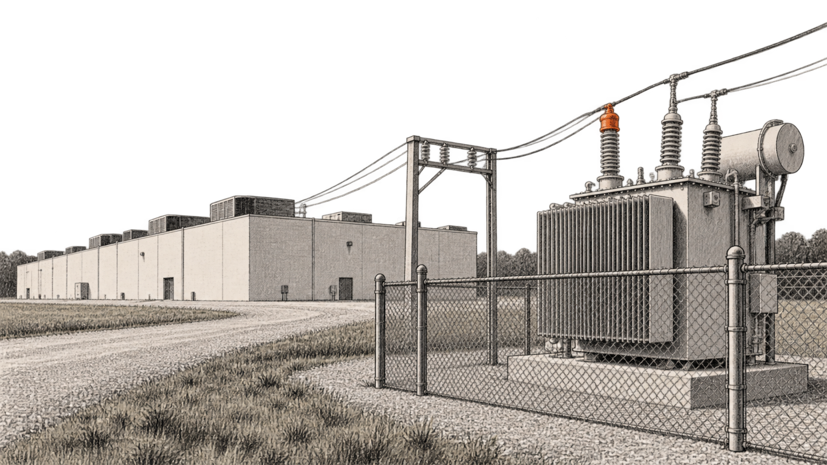 A generic low data-hall building stands beyond a fenced utility yard, where a transformer connects to overhead conductors.