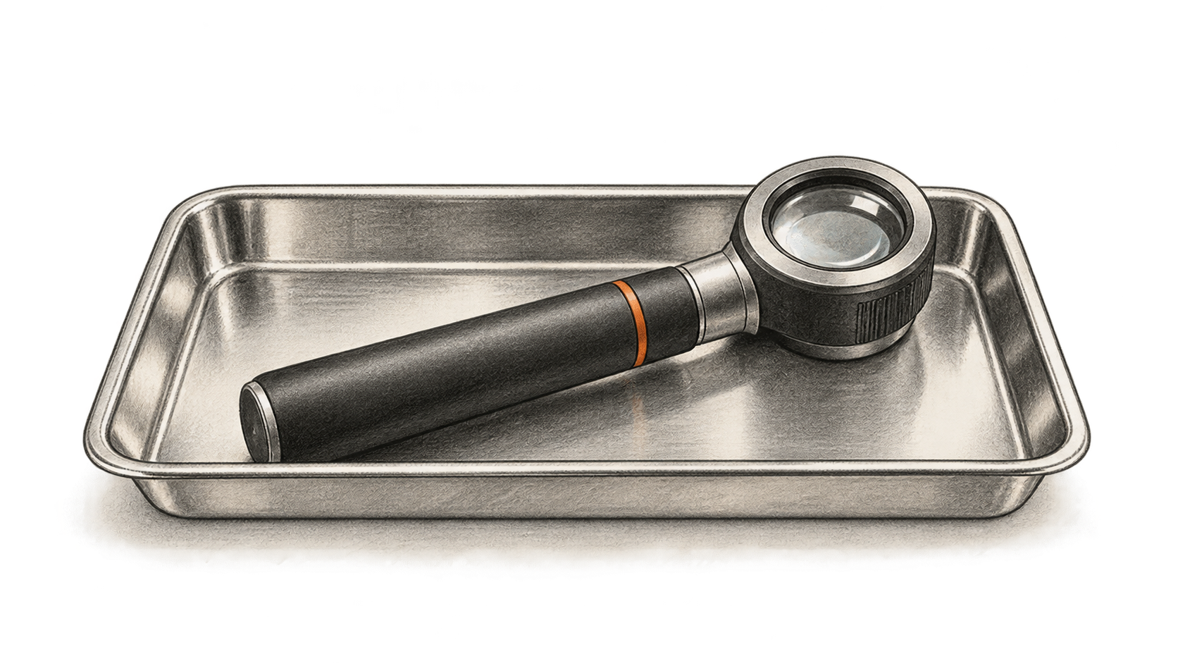 Charcoal illustration of a dark handheld dermatoscope resting diagonally in a stainless clinical tray.