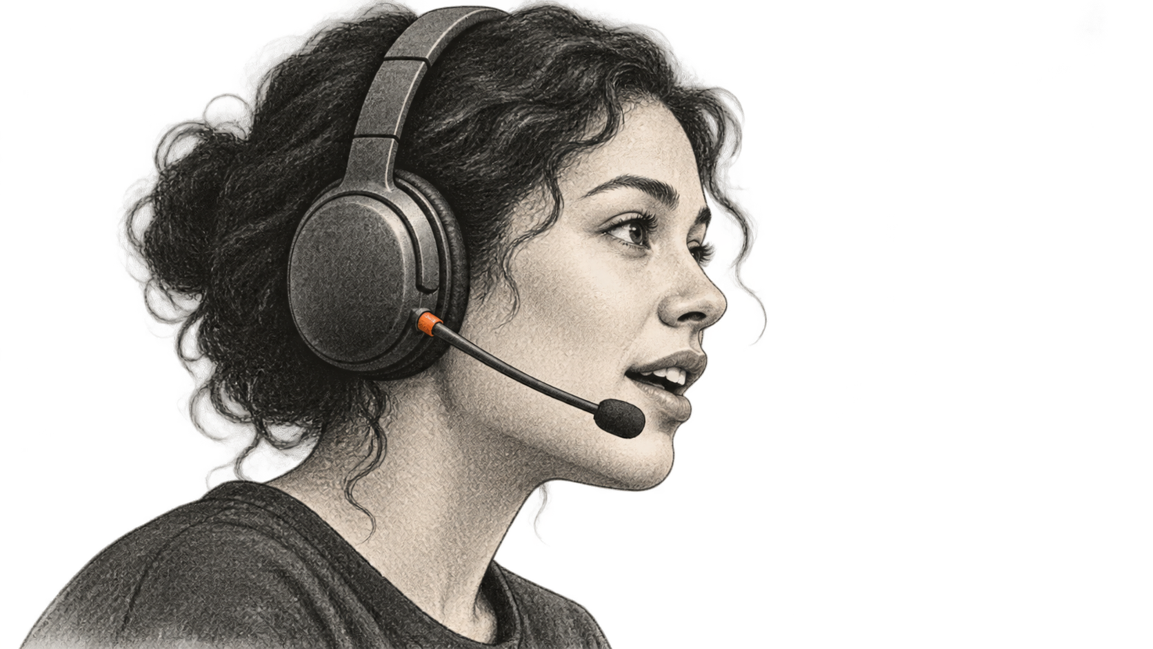 Conceptual charcoal illustration of an anonymous person in profile wearing an unbranded headset and speaking toward its boom microphone.