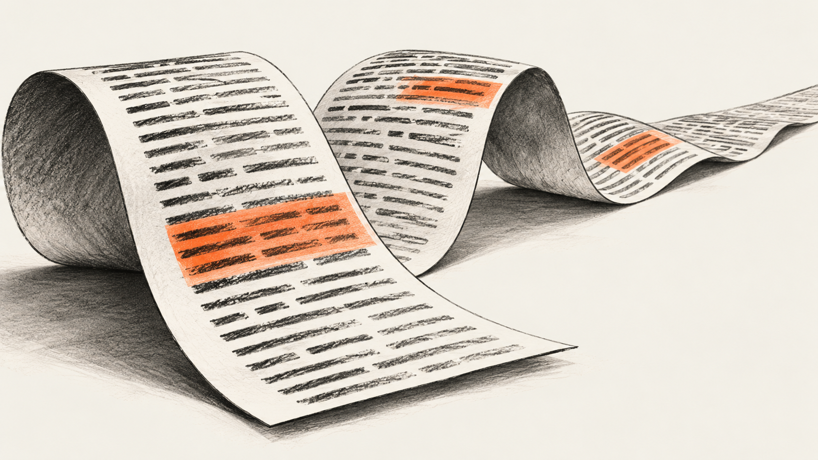 Curving paper ribbon with three orange sections over charcoal strokes.