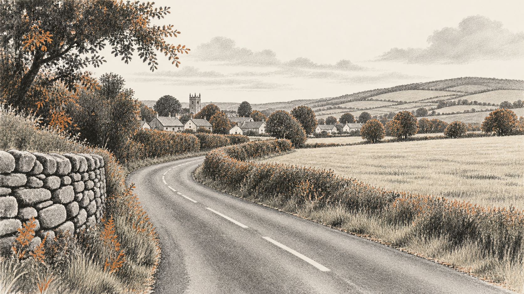 A narrow country road curves past a dry-stone wall toward a distant village, with open fields and rolling hills.