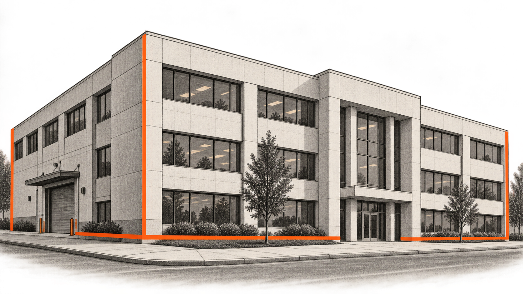 Conceptual charcoal illustration of an unmarked office building with a thin orange line along parts of its outer edges.