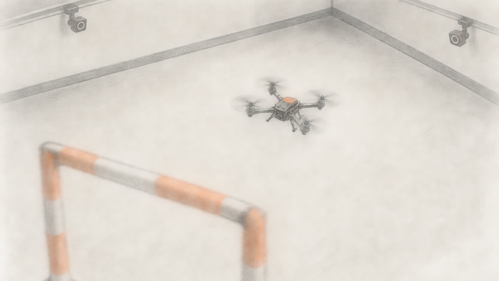 Indoor quadrotor approaches blurred gate.